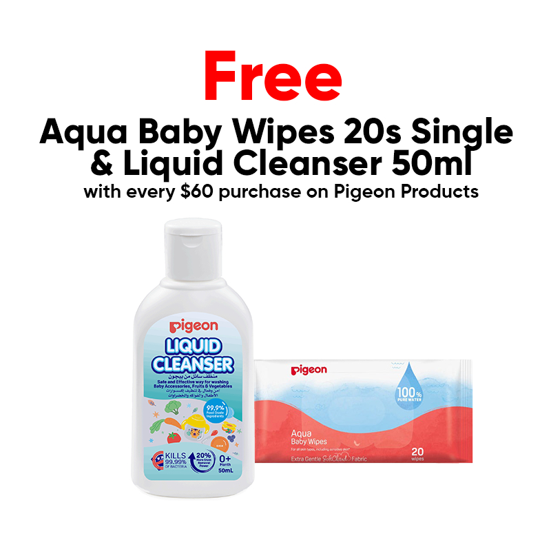 [Pigeon GWP] FREE Aqua Baby Wipes 20s Single & Liquid Cleanser 50ml with every $60 purchase on Pigeon Products